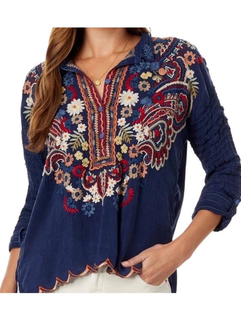 Johnny Was Aubrette Night Sky Blouse Embroidered Floral Blue Women’s Small